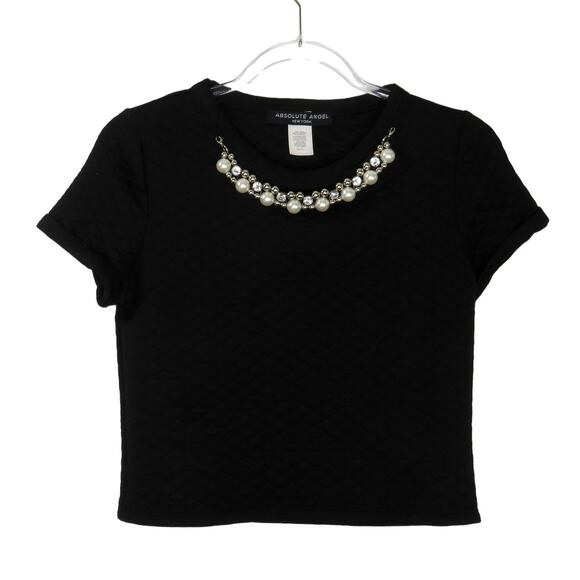 Vintage Absolute Angel Black Quilted Pearl Rhinestone Bib Blouse Medium Twee - Picture 2 of 7